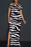 Stripe Print Off Shoulder Long Flutter Sleeve Mermaid Hem Side Slit Vacation Boho Style Maxi Dresses