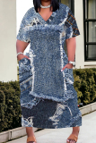 Casual Graphics Print Basic V Neck Short Sleeve Straight Loose Pockets Midi T-Shirt Dress