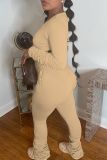 Casual U Neck Long Sleeve Slim Fitted Crop Tops And Stacked Pants Pocket Ruched Two Pieces Trouser Sets