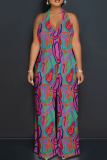 Graphics Print Sleeveless Backless Deep V Neck Vacation Halter Wide Leg Jumpsuits