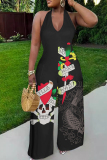Graphics Print Sleeveless Backless Deep V Neck Vacation Halter Wide Leg Jumpsuits