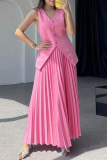 Sleeveless V Neck Buckle Blazer Vest Tops And Pleated Maxi Skirts Formal Office Lady Two Pieces Dress Sets