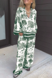 Casual Floral Print V Neck Long Sleeve Oversize Blouse And Draw String Wide Leg Pants Pocket Vacation Two Pieces Trouser Sets