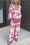 Casual Floral Print V Neck Long Sleeve Oversize Blouse And Draw String Wide Leg Pants Pocket Vacation Two Pieces Trouser Sets