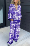 Casual Floral Print V Neck Long Sleeve Oversize Blouse And Draw String Wide Leg Pants Pocket Vacation Two Pieces Trouser Sets
