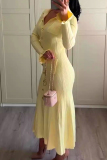 Formal Turndown Collar Long Sleeve Ruffle Hem Buckle Vacation A Line Sweater Maxi Dresses