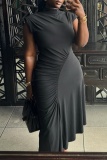 Casual Sleeveless Half A Turtleneck Irregular Hem Vacation Pleated Ruched Midi Dresses