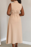 Sleeveless Turndown Collar Pocket Buckle Long Vacation A  Line Maxi Shirts Dresses