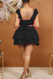 Casual Spaghetti Strap Sleeveless Lace Up Front Tie Cami Crop Tops And Ruffle Tiered Hem Mini Skirt Vacation Two Pieces Dress Sets
