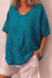Casual V Neck Half Sleeve Oversize Cotton Linen T-Shirts