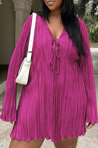 Stripe Print Strap Design V Neck Flare Sleeve Ruched Straight Vacation Plus Size Pleated Mini Dresses