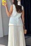 Sleeveless V Neck Buckle Blazer Vest Tops And Pleated Maxi Skirts Formal Office Lady Two Pieces Dress Sets