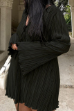 Stripe Print Strap Design V Neck Flare Sleeve Ruched Straight Vacation Plus Size Pleated Mini Dresses
