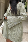 Stripe Print Strap Design V Neck Flare Sleeve Ruched Straight Vacation Plus Size Pleated Mini Dresses
