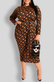 cGraphics Print Off Shoulder Long Sleeve Belt Long Loose Vacation Formal Party Evening Plus Size Bodycon Maxi Dress
