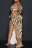 Stripe Print Off Shoulder Long Flutter Sleeve Mermaid Hem Side Slit Vacation Boho Style Maxi Dresses