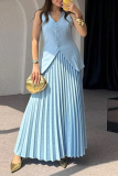 Sleeveless V Neck Buckle Blazer Vest Tops And Pleated Maxi Skirts Formal Office Lady Two Pieces Dress Sets