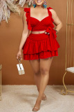 Casual Spaghetti Strap Sleeveless Lace Up Front Tie Cami Crop Tops And Ruffle Tiered Hem Mini Skirt Vacation Two Pieces Dress Sets