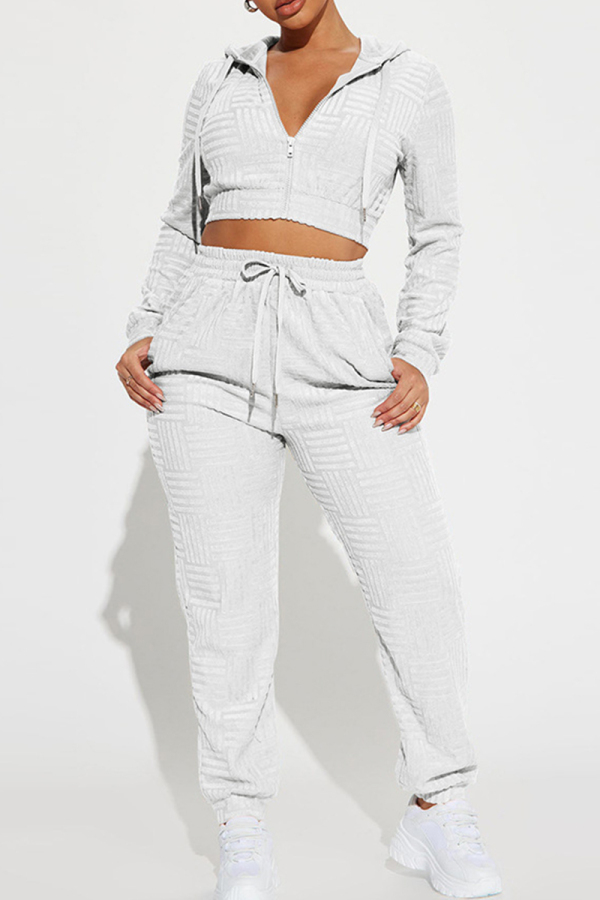 Sportwear Zipper Long Sleeve Hooded Cropped Jackets Crop Tops And Pocket Draw String Pants Two Pieces Sweatpants Sets