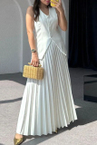 Sleeveless V Neck Buckle Blazer Vest Tops And Pleated Maxi Skirts Formal Office Lady Two Pieces Dress Sets