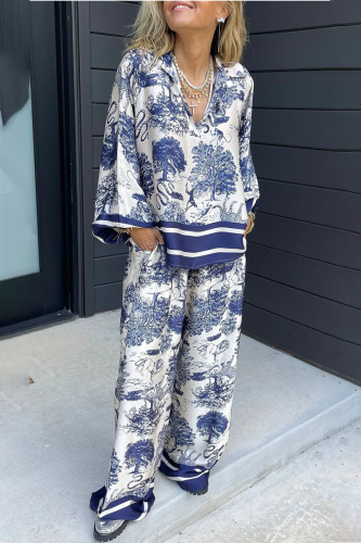 Casual Floral Print V Neck Long Sleeve Oversize Blouse And Draw String Wide Leg Pants Pocket Vacation Two Pieces Trouser Sets