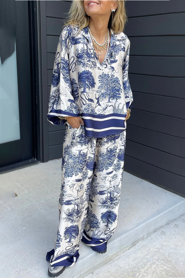 Casual Floral Print V Neck Long Sleeve Oversize Blouse And Draw String Wide Leg Pants Pocket Vacation Two Pieces Trouser Sets