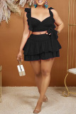 Casual Spaghetti Strap Sleeveless Lace Up Front Tie Cami Crop Tops And Ruffle Tiered Hem Mini Skirt Vacation Two Pieces Dress Sets