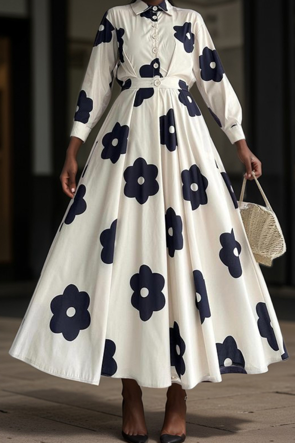 Floral Print Turndown Collar Long Sleeve Buttons Formal Party Evening Pleated Maxi Shirt Dresses