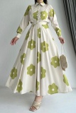 Floral Print Turndown Collar Long Sleeve Buttons Formal Party Evening Pleated Maxi Shirt Dresses