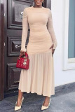 Formal O Neck Long Sleeve Party Evening Pleated Ruched Bodycon Maxi Dress