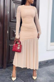 Formal O Neck Long Sleeve Party Evening Pleated Ruched Bodycon Maxi Dress