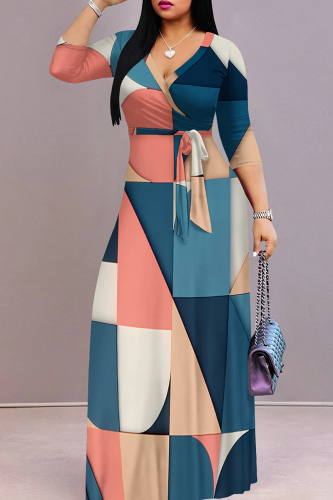 Casual Graphics Print With Belt V Neck Three Quarter Ankle Length A Line Vacation Loose Straight Maxi Dress