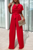 Formal Short Sleeve With Belt Pile Heap Collar Loose Party Evening Office Lady Pleated Wide Leg Jumpsuits