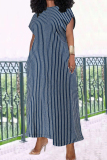 Casual Stripe Print Backless V Neck Short Sleeve Plus Size Straight Leg Loose Maxi Dresses