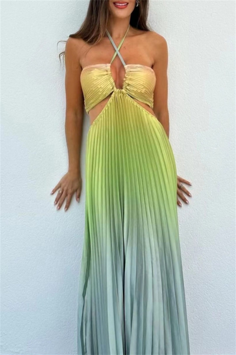 Personalized Gradient Color Halter Pleated Long Dress