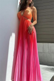 Gradient Print Sleeveless Backless Belted Vacation Long Halter Pleated Maxi Slip Summer Dresses