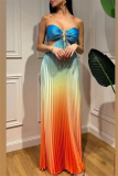 Gradient Print Sleeveless Backless Belted Vacation Long Halter Pleated Maxi Slip Summer Dresses