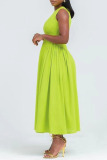 Casual Sleeveless O Neck Long Vacation Pleated Midi Tank Dresses