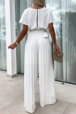Formal Short Sleeve With Belt Pile Heap Collar Loose Party Evening Office Lady Pleated Wide Leg Jumpsuits
