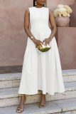 Casual Sleeveless O Neck Long Vacation Pleated Midi Tank Dresses