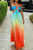 Gradient Print Sleeveless Backless Belted Vacation Long Halter Pleated Maxi Slip Summer Dresses