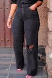 Casual High Waist Ripped Straight Leg Ripped Denim Jeans