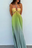 Gradient Print Sleeveless Backless Belted Vacation Long Halter Pleated Maxi Slip Summer Dresses
