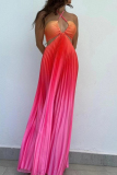 Gradient Print Sleeveless Backless Belted Vacation Long Halter Pleated Maxi Slip Summer Dresses