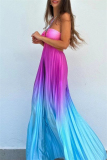 Gradient Print Sleeveless Backless Belted Vacation Long Halter Pleated Maxi Slip Summer Dresses