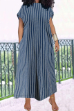 Casual Stripe Print Backless V Neck Short Sleeve Plus Size Straight Leg Loose Maxi Dresses