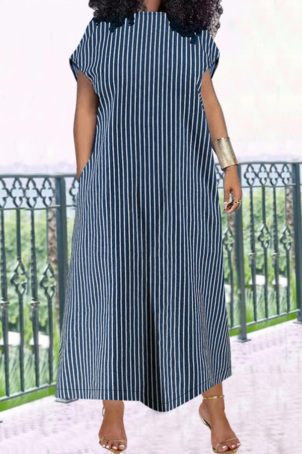 Casual Stripe Print Backless V Neck Short Sleeve Plus Size Straight Leg Loose Maxi Dresses