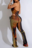 Ombre Print Cowl Neck Sleeveless Backless Cutout Vacation Nightclub Skinny Halter Flare Leg Jumpsuits