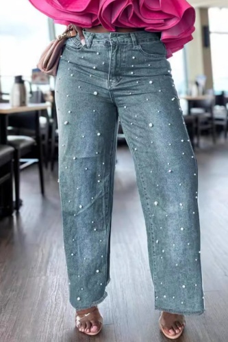 Casual Beading High Waist Regular Distressed Denim Wide Leg Jeans