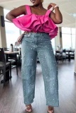 Casual Beading High Waist Regular Distressed Denim Wide Leg Jeans